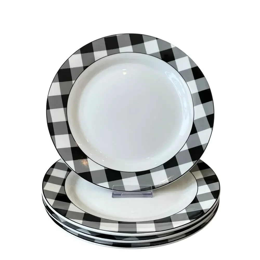 Godinger Black White Checkered Gingham Porcelain Dinner Plates 10.5